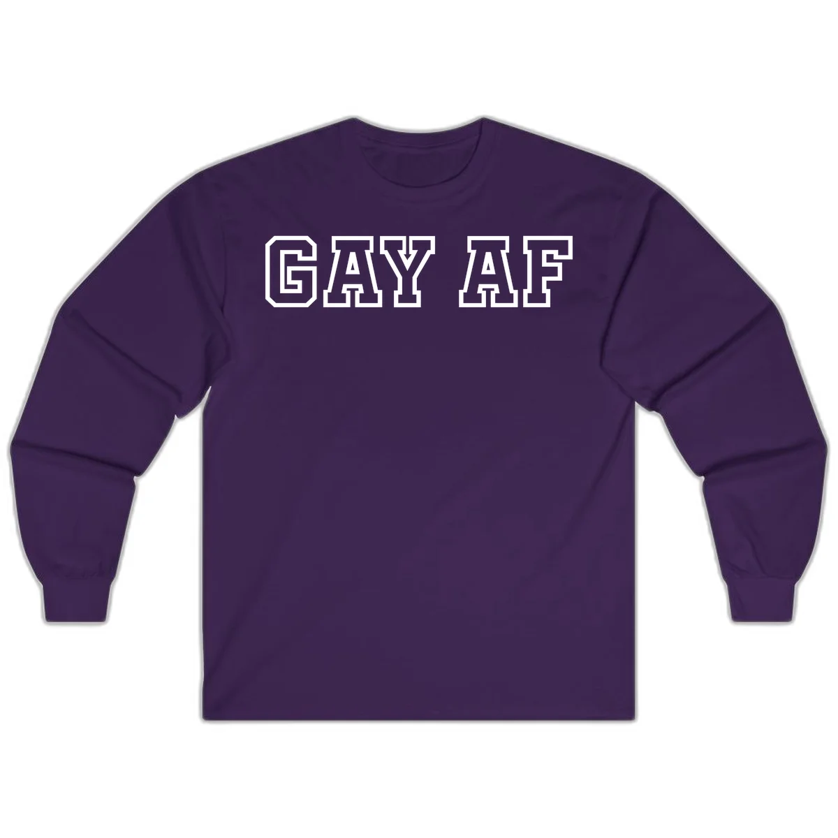 Bold white outlined block letters spelling 'GAY AF' in varsity athletic style on gray background in Purple
