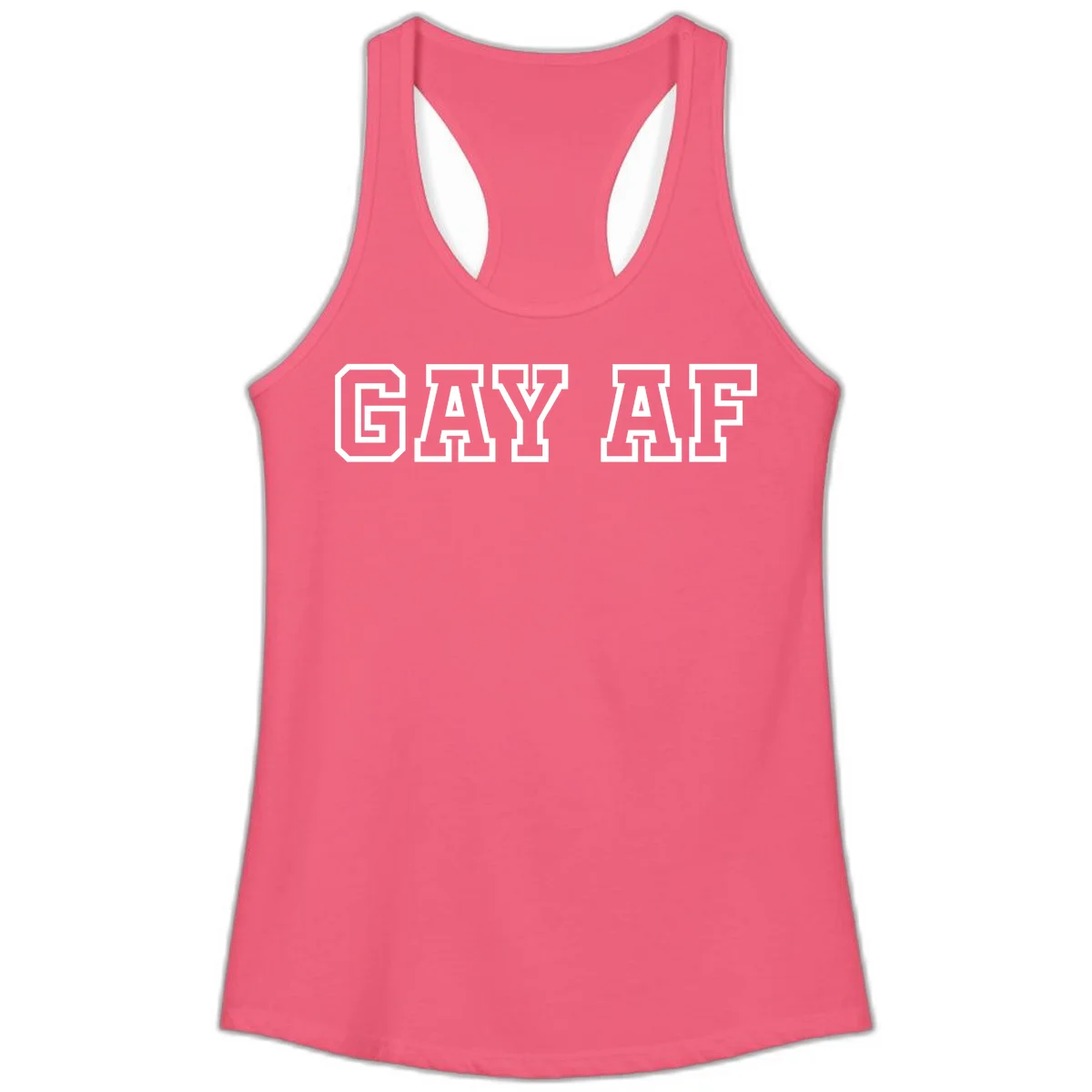 Bold white outlined block letters spelling 'GAY AF' in varsity athletic style on gray background in Hot Pink