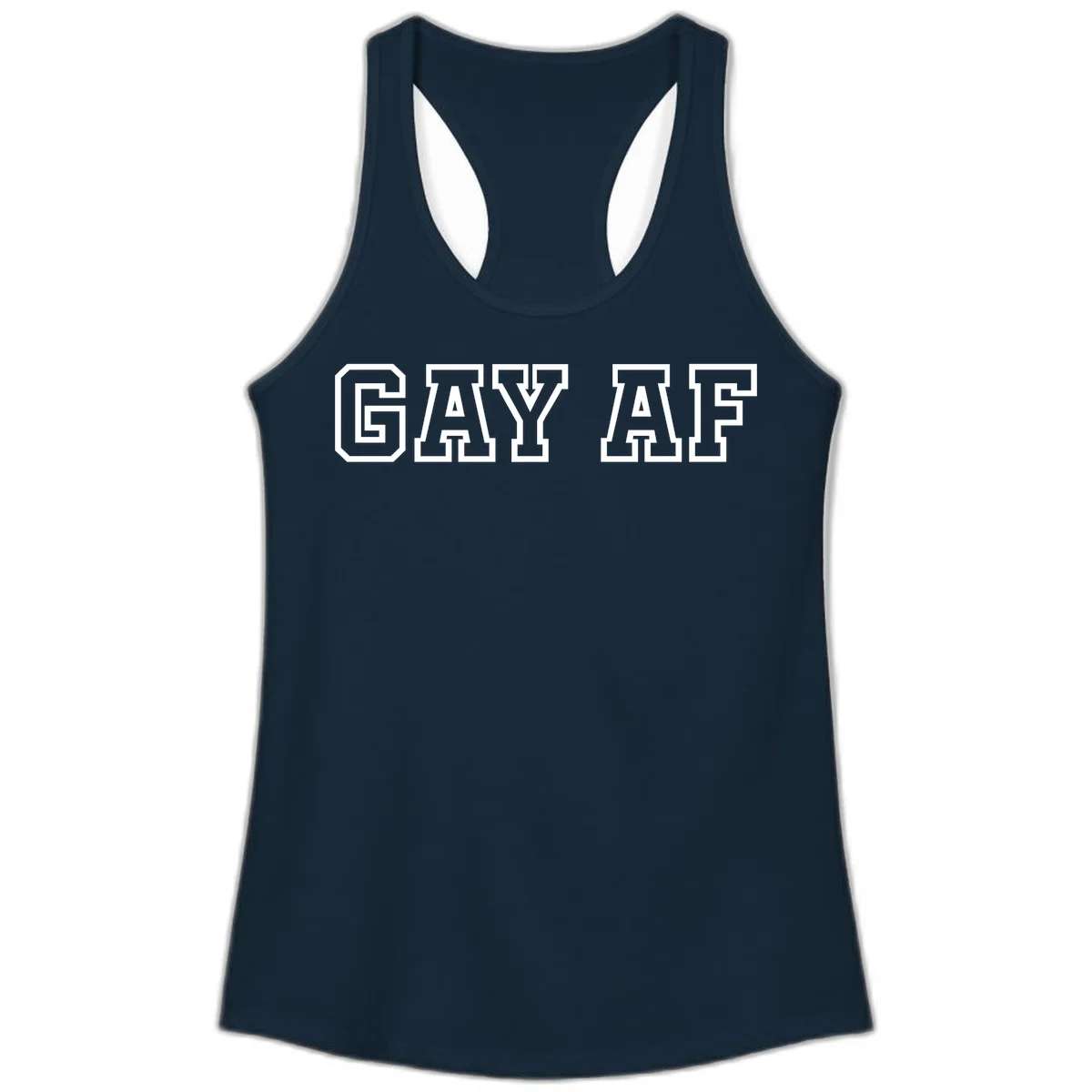 Bold white outlined block letters spelling 'GAY AF' in varsity athletic style on gray background in Solid Midnight Navy