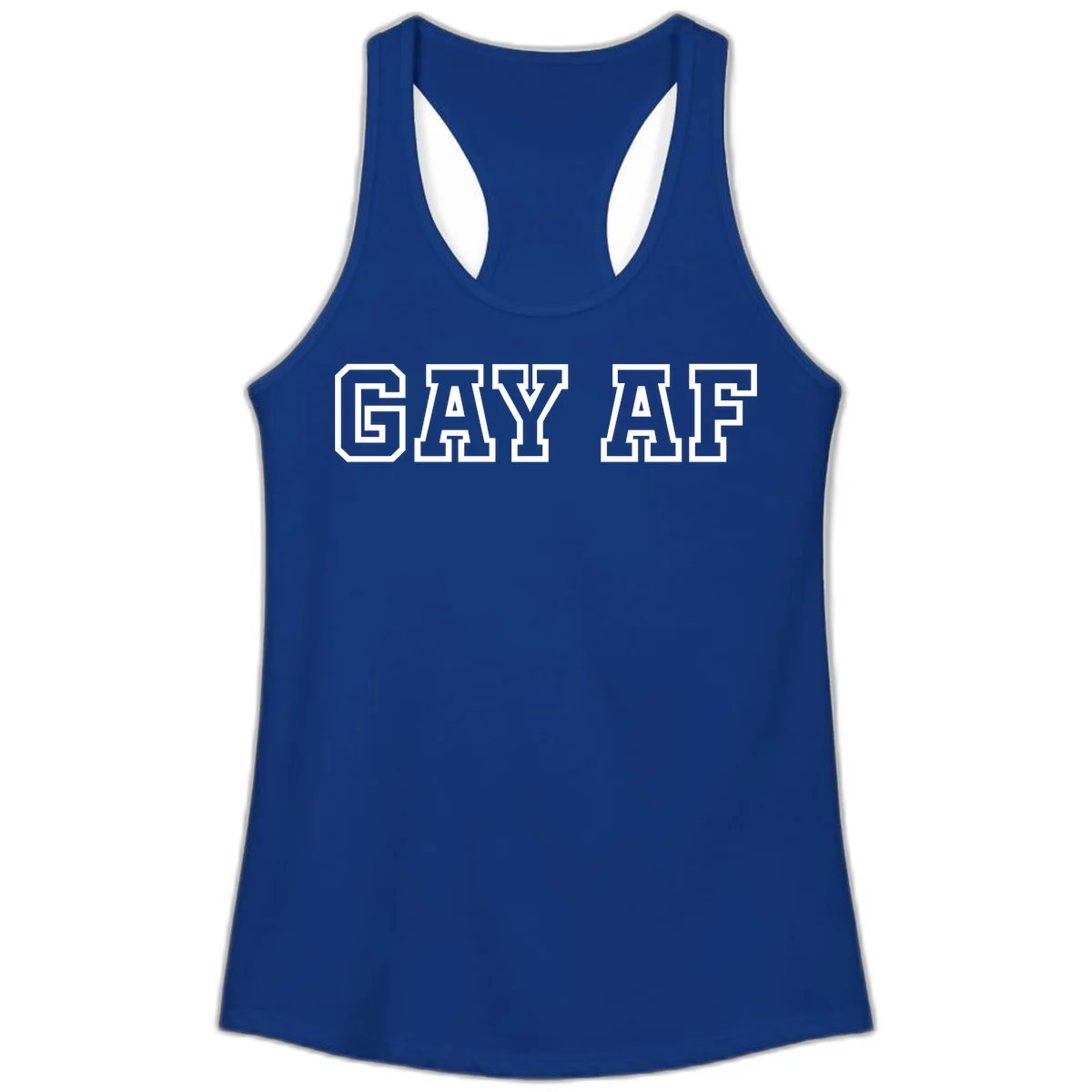 Bold white outlined block letters spelling 'GAY AF' in varsity athletic style on gray background in Solid Royal