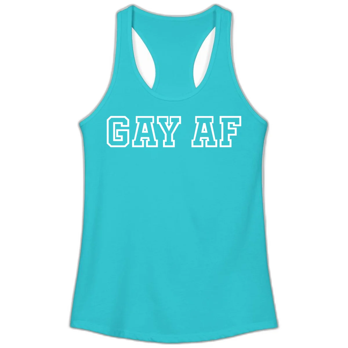 Bold white outlined block letters spelling 'GAY AF' in varsity athletic style on gray background in Solid Tahiti Blue