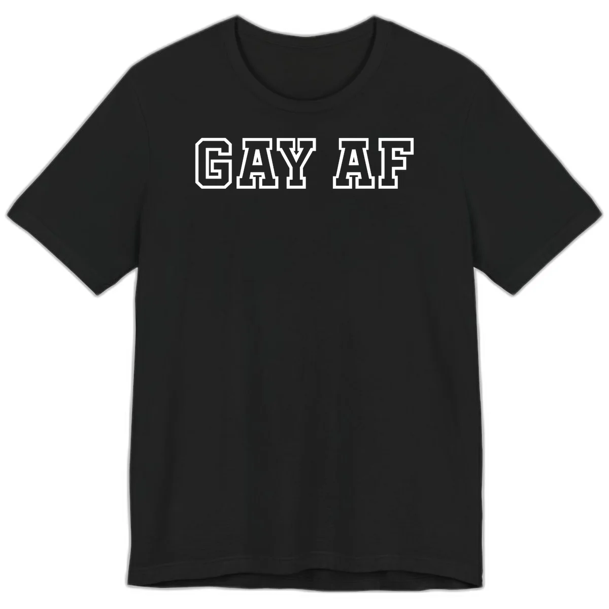 Bold white outlined block letters spelling 'GAY AF' in varsity athletic style on gray background in Black