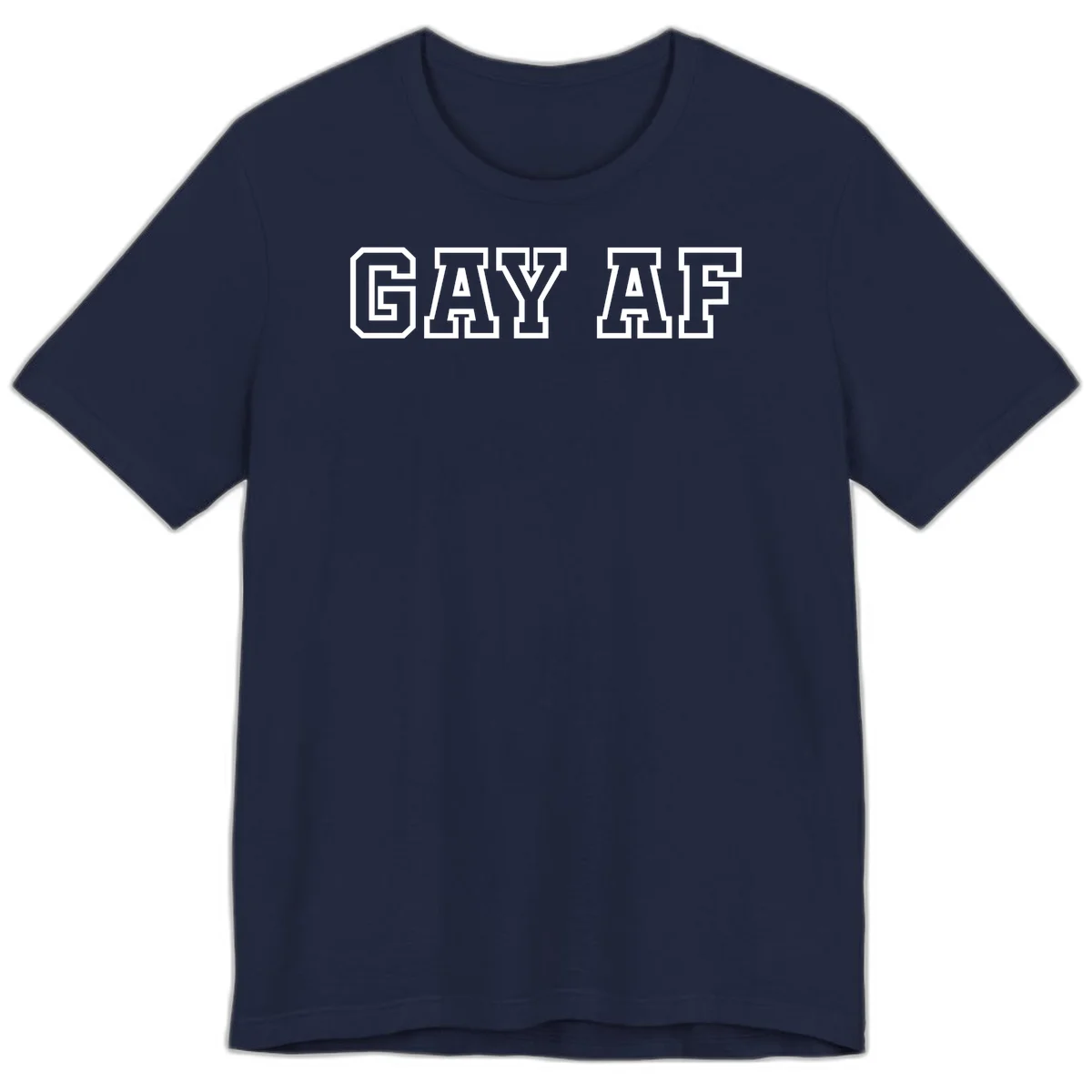 Bold white outlined block letters spelling 'GAY AF' in varsity athletic style on gray background in Navy