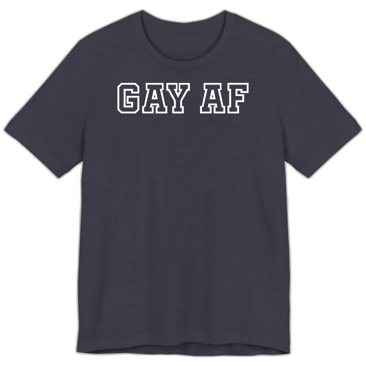 Bold white outlined block letters spelling 'GAY AF' in varsity athletic style on gray background in Heather Midnight Navy