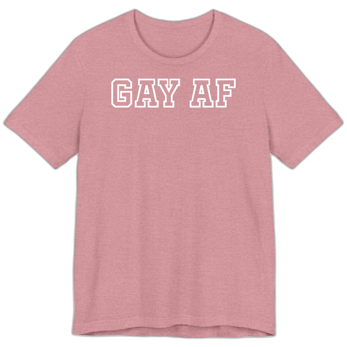 Bold white outlined block letters spelling 'GAY AF' in varsity athletic style on gray background in Heather Orchid