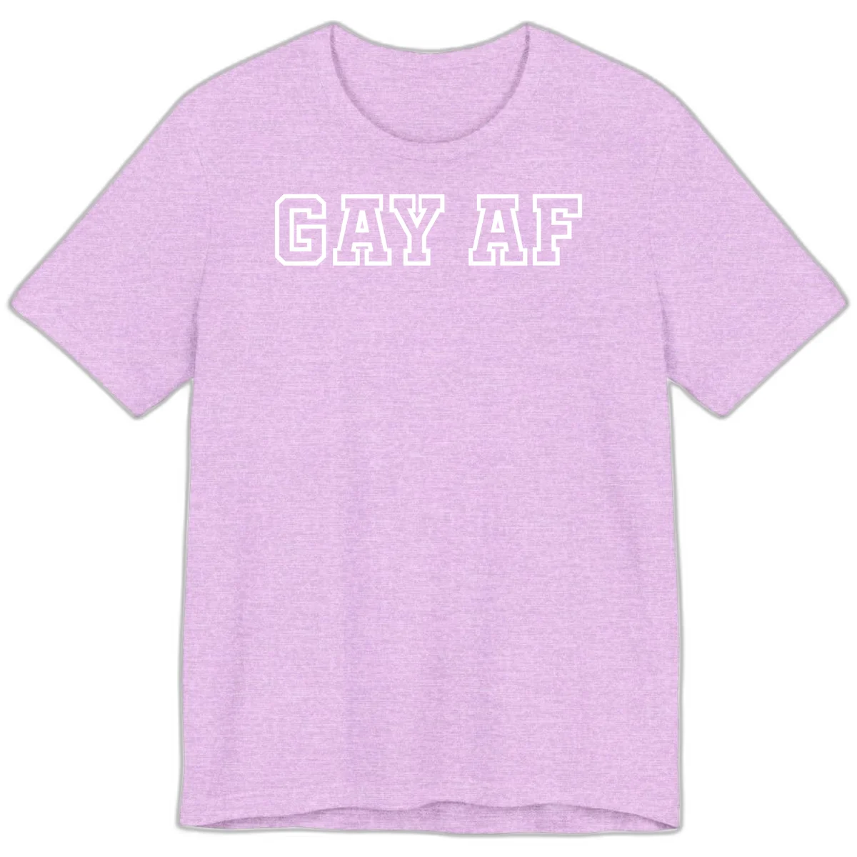 Bold white outlined block letters spelling 'GAY AF' in varsity athletic style on gray background in Heather Prism Lilac