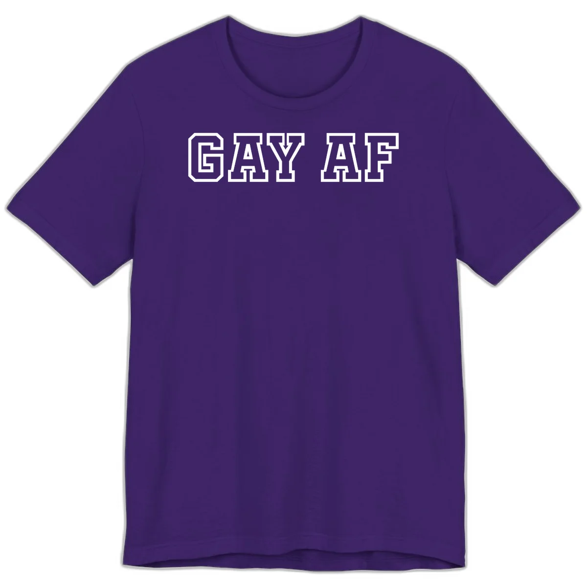 Bold white outlined block letters spelling 'GAY AF' in varsity athletic style on gray background in Team Purple