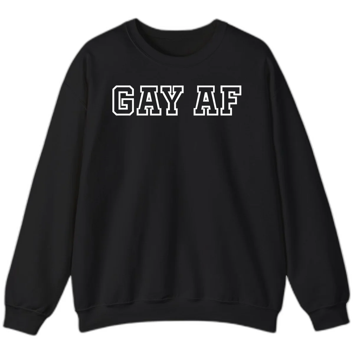 Bold white outlined block letters spelling 'GAY AF' in varsity athletic style on gray background in Black