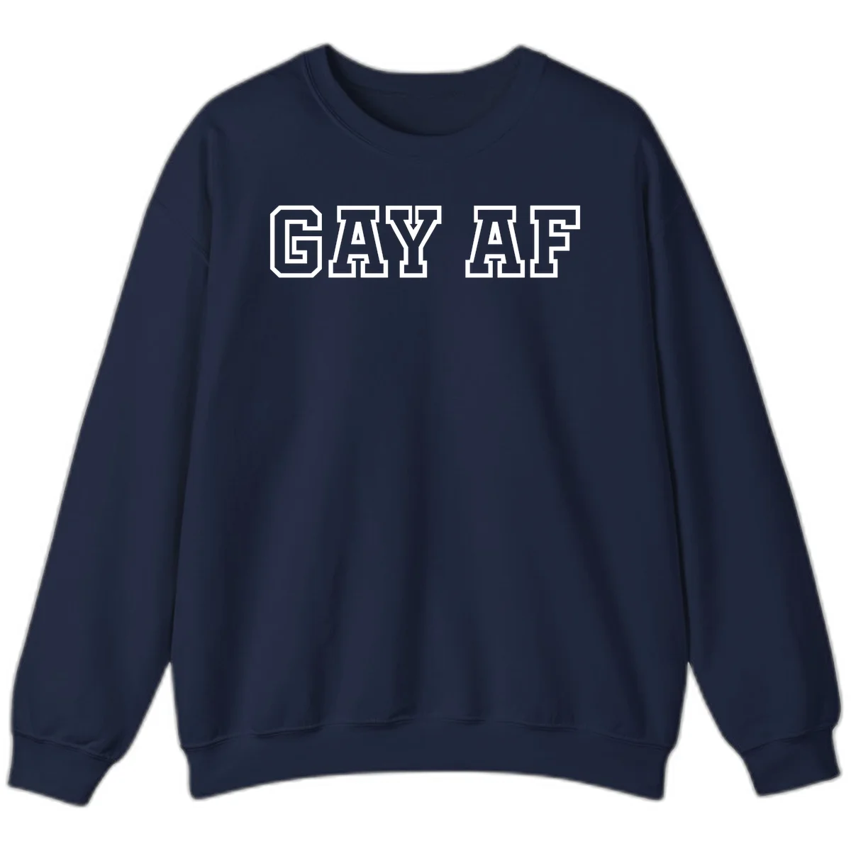 Bold white outlined block letters spelling 'GAY AF' in varsity athletic style on gray background in Navy