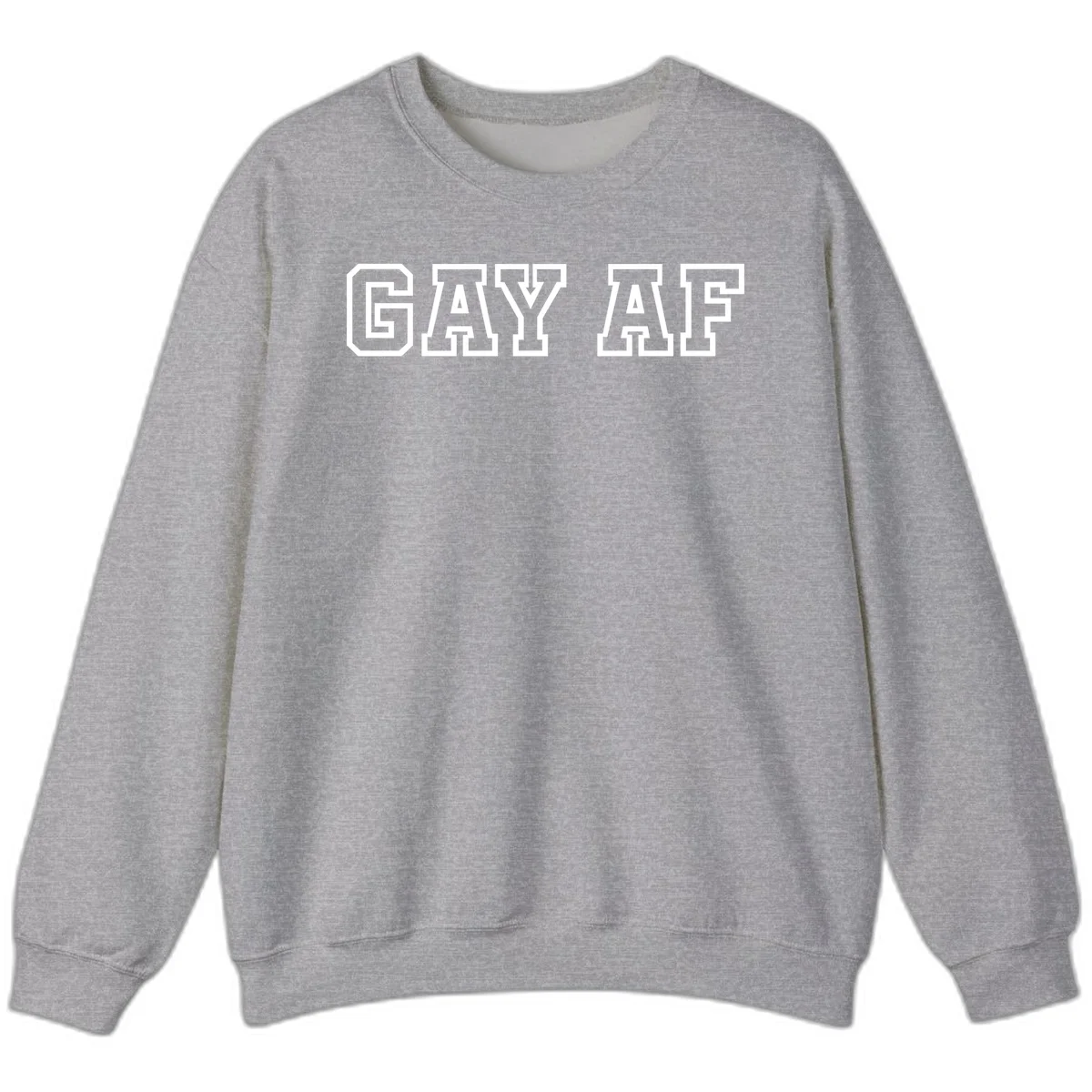 Bold white outlined block letters spelling 'GAY AF' in varsity athletic style on gray background in Sport Grey