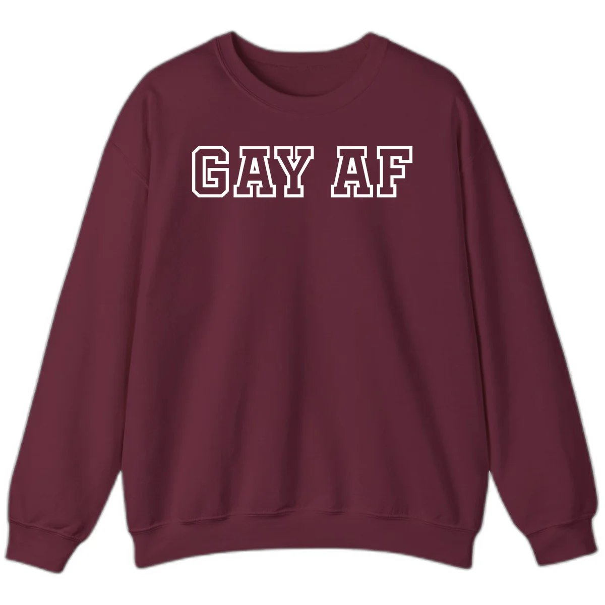 Bold white outlined block letters spelling 'GAY AF' in varsity athletic style on gray background in Maroon