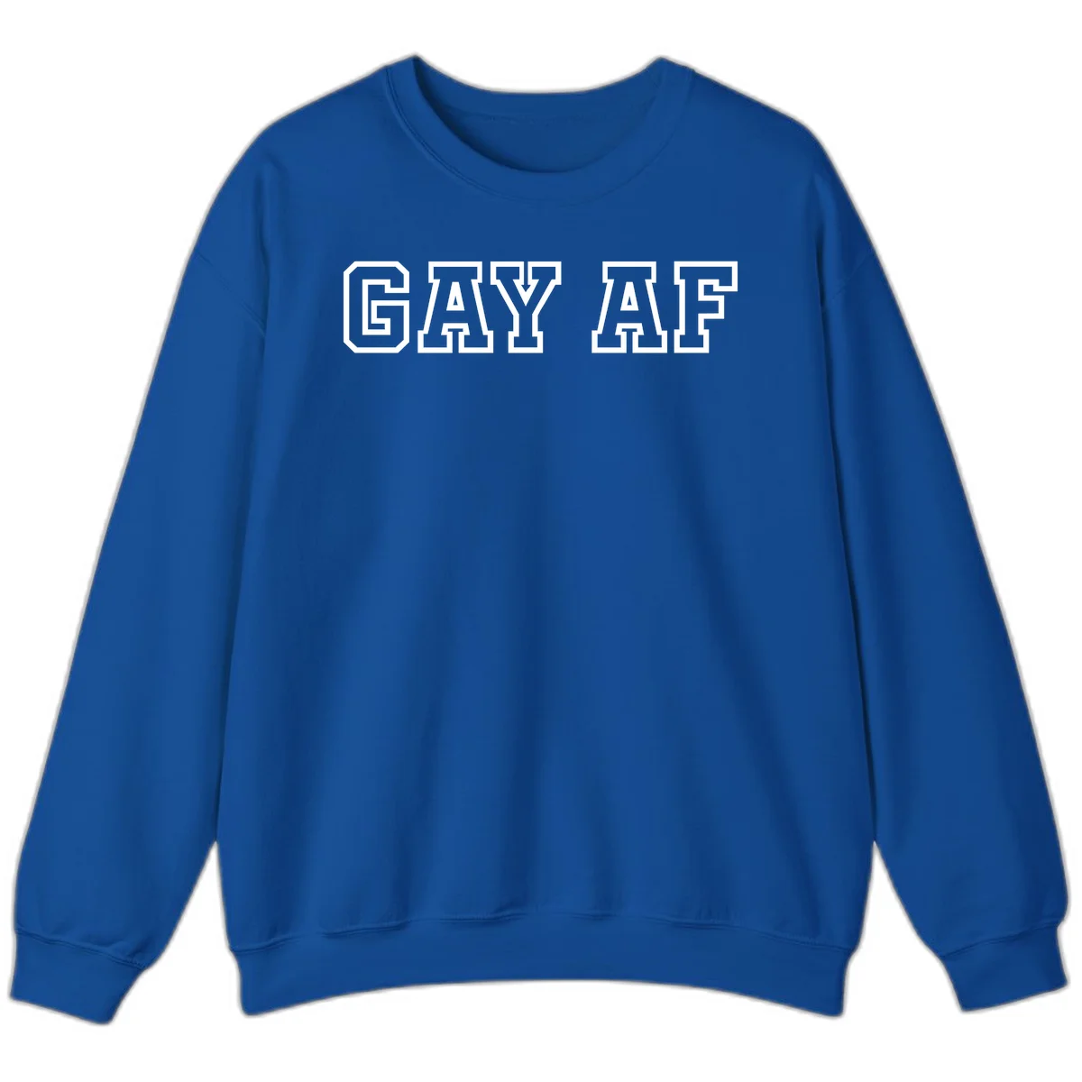 Bold white outlined block letters spelling 'GAY AF' in varsity athletic style on gray background in Royal