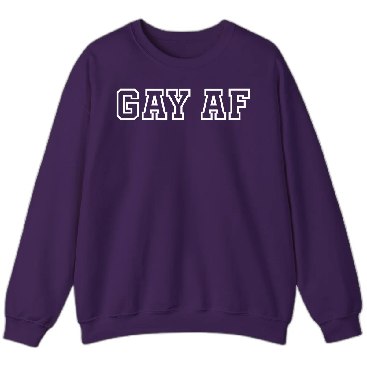 Bold white outlined block letters spelling 'GAY AF' in varsity athletic style on gray background in Purple