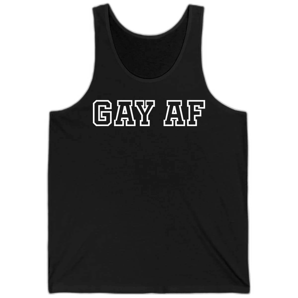 Bold white outlined block letters spelling 'GAY AF' in varsity athletic style on gray background in Black