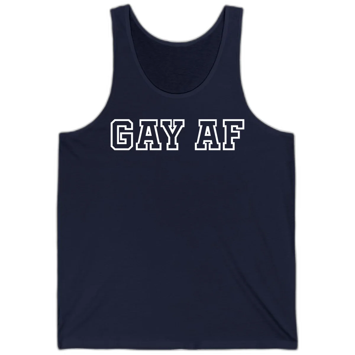 Bold white outlined block letters spelling 'GAY AF' in varsity athletic style on gray background in Navy