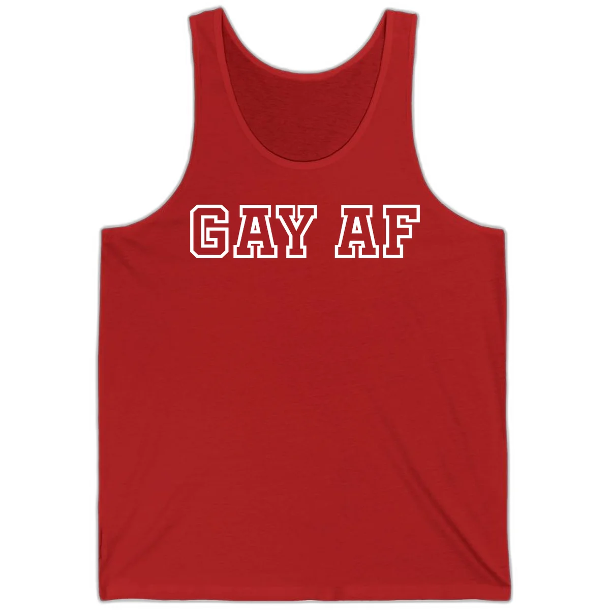 Bold white outlined block letters spelling 'GAY AF' in varsity athletic style on gray background in Red