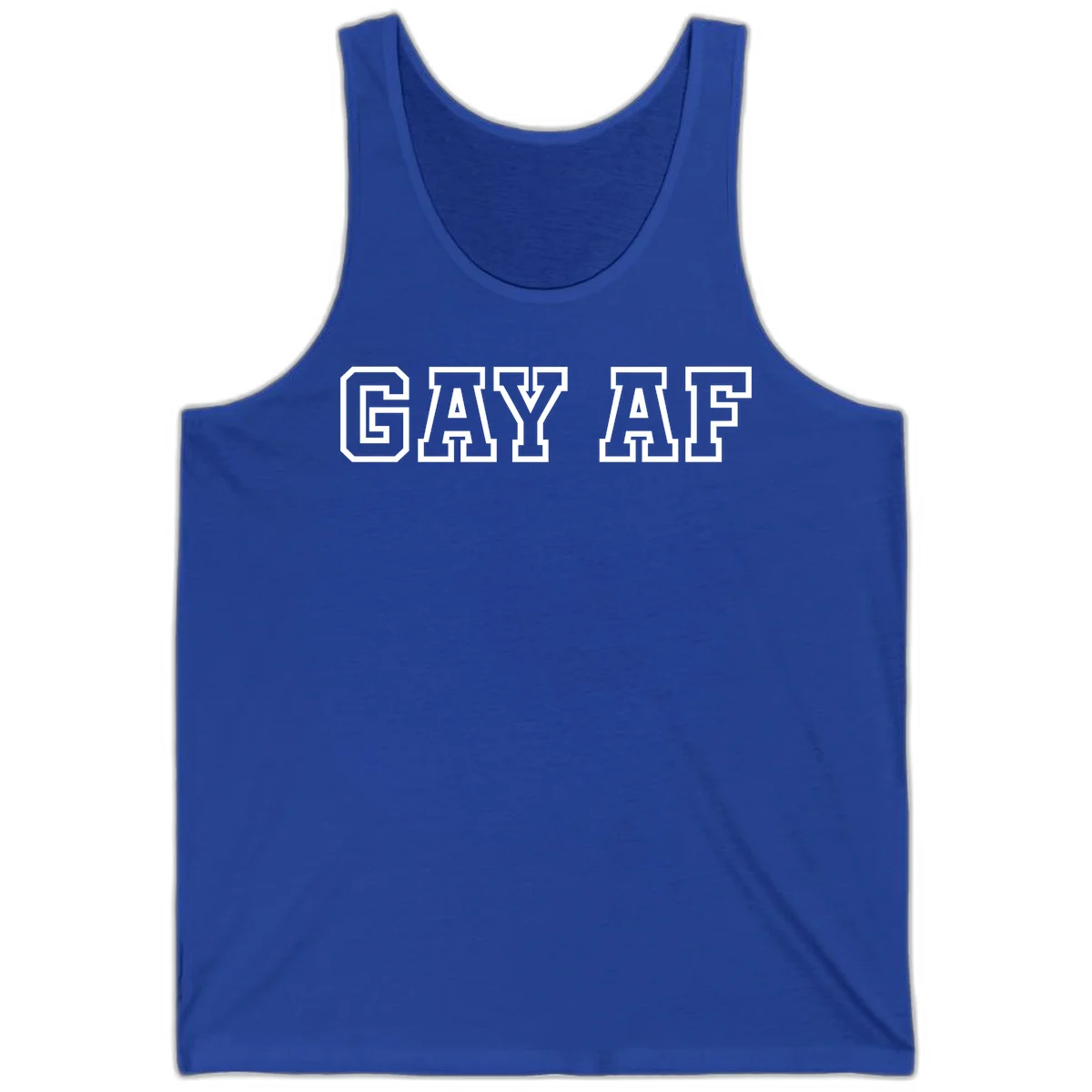 Bold white outlined block letters spelling 'GAY AF' in varsity athletic style on gray background in True Royal