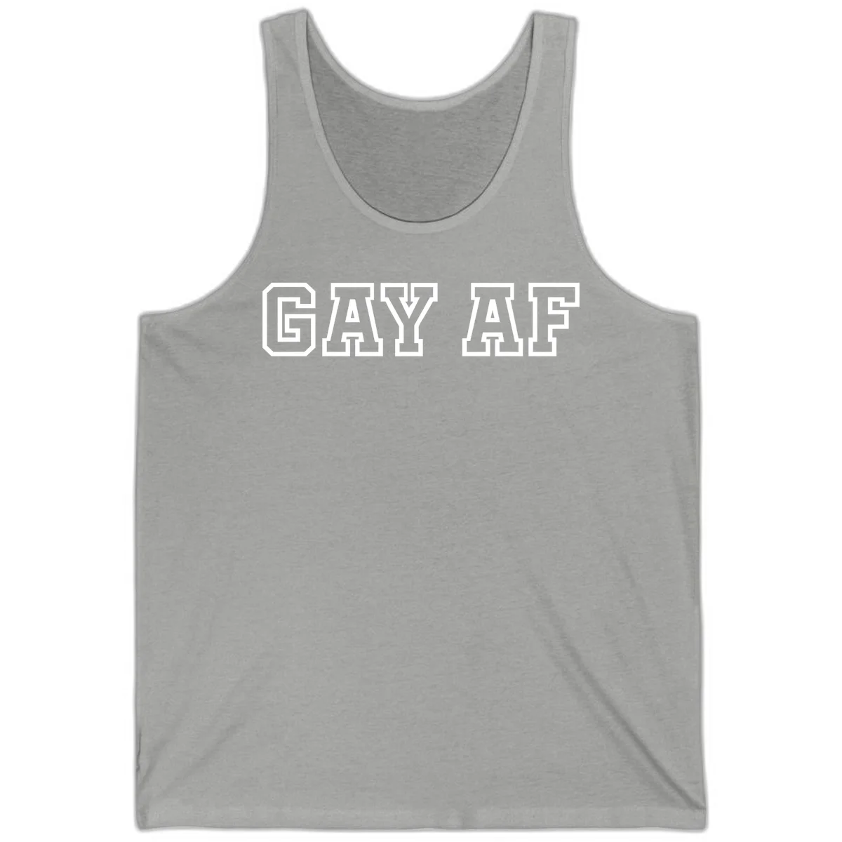 Bold white outlined block letters spelling 'GAY AF' in varsity athletic style on gray background in Athletic Heather