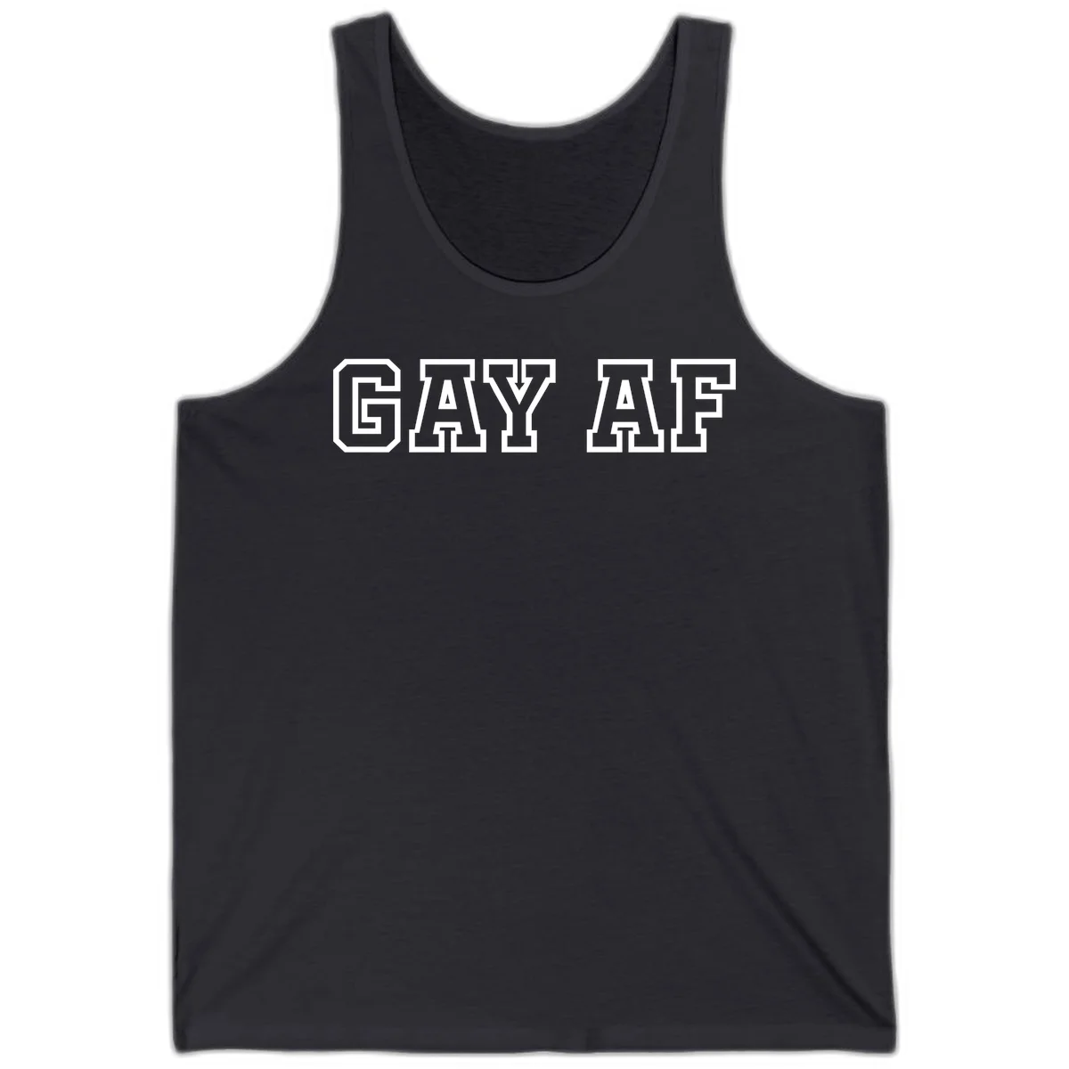 Bold white outlined block letters spelling 'GAY AF' in varsity athletic style on gray background in Dark Grey