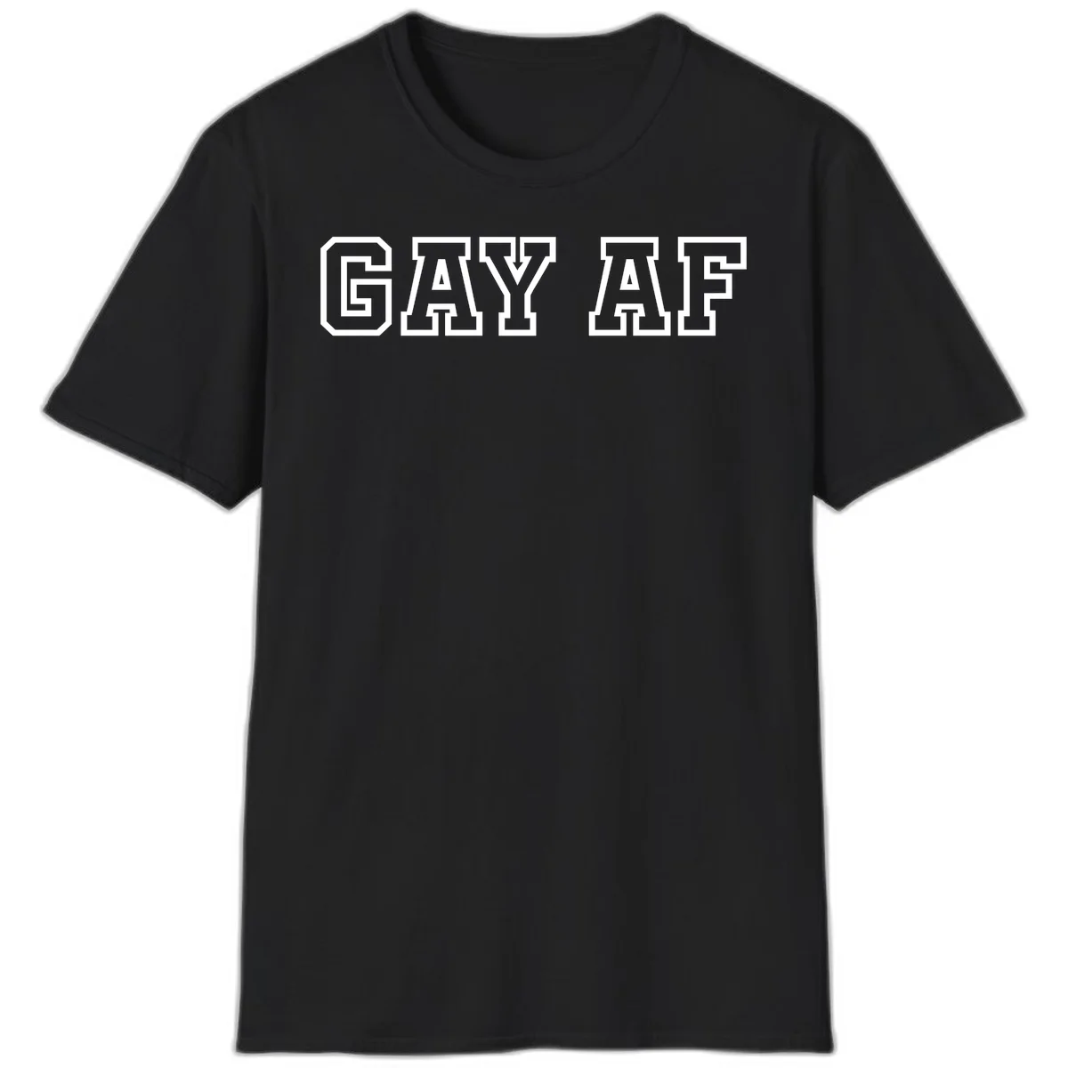 Bold white outlined block letters spelling 'GAY AF' in varsity athletic style on gray background in Black