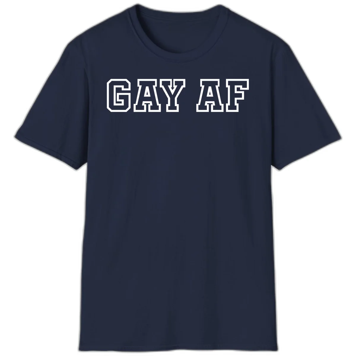 Bold white outlined block letters spelling 'GAY AF' in varsity athletic style on gray background in Navy