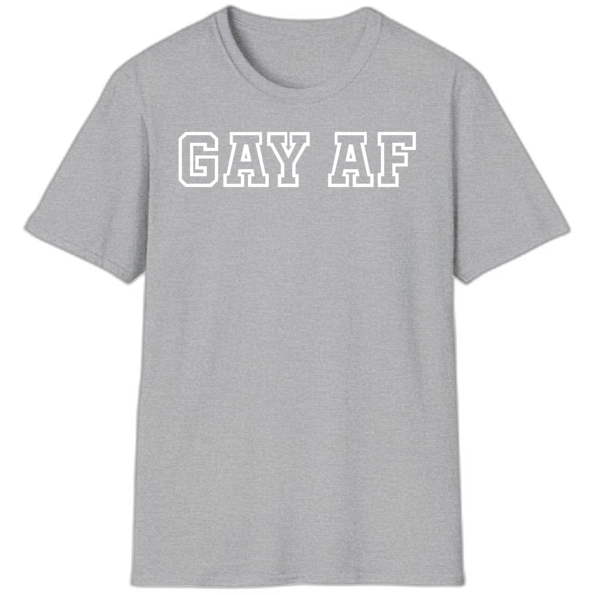 Bold white outlined block letters spelling 'GAY AF' in varsity athletic style on gray background in Sport Grey