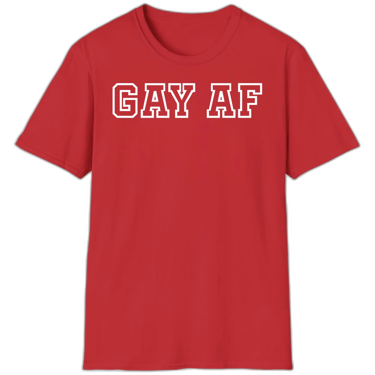 Bold white outlined block letters spelling 'GAY AF' in varsity athletic style on gray background in Red