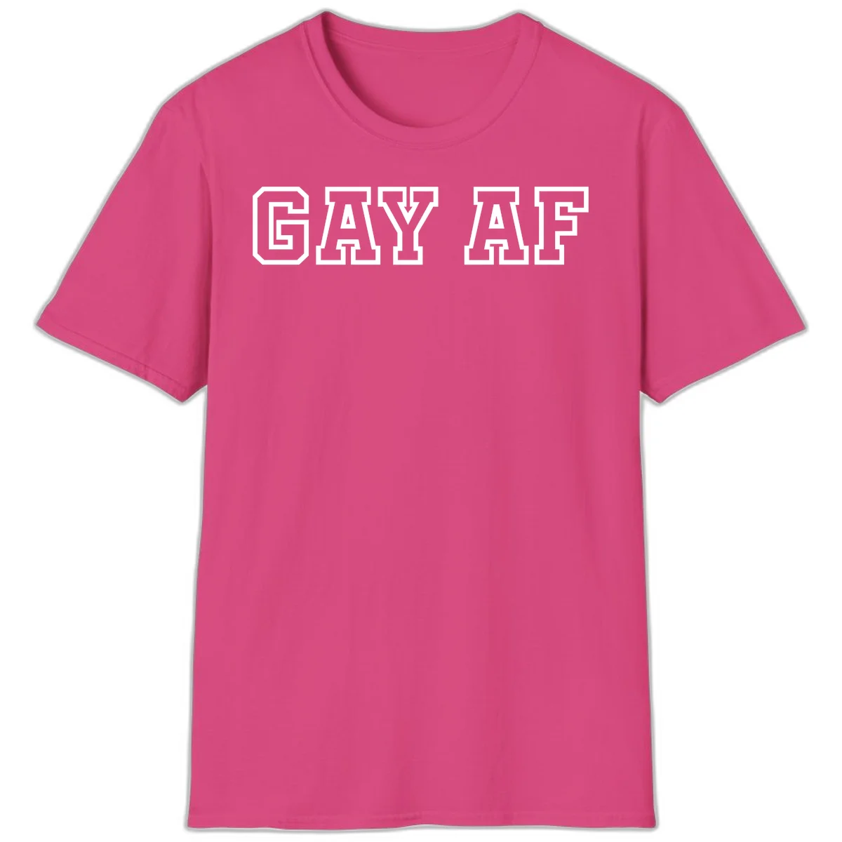 Bold white outlined block letters spelling 'GAY AF' in varsity athletic style on gray background in Heliconia