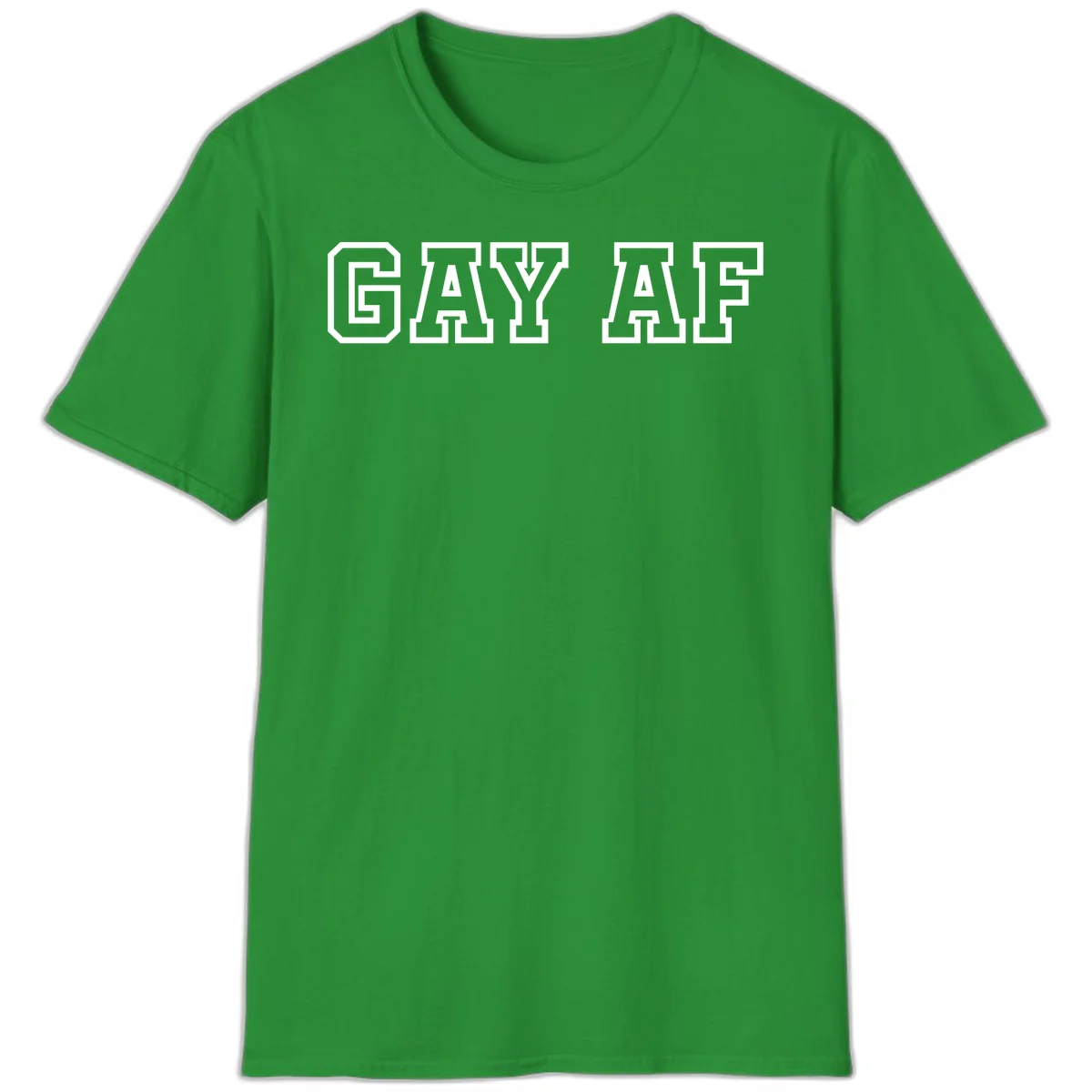 Bold white outlined block letters spelling 'GAY AF' in varsity athletic style on gray background in Irish Green