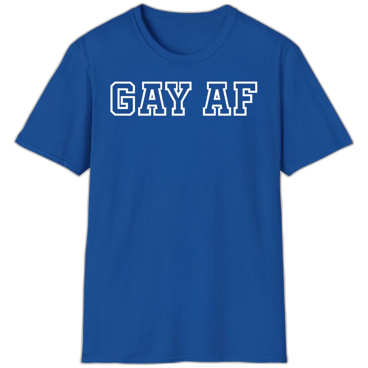 Bold white outlined block letters spelling 'GAY AF' in varsity athletic style on gray background in Royal