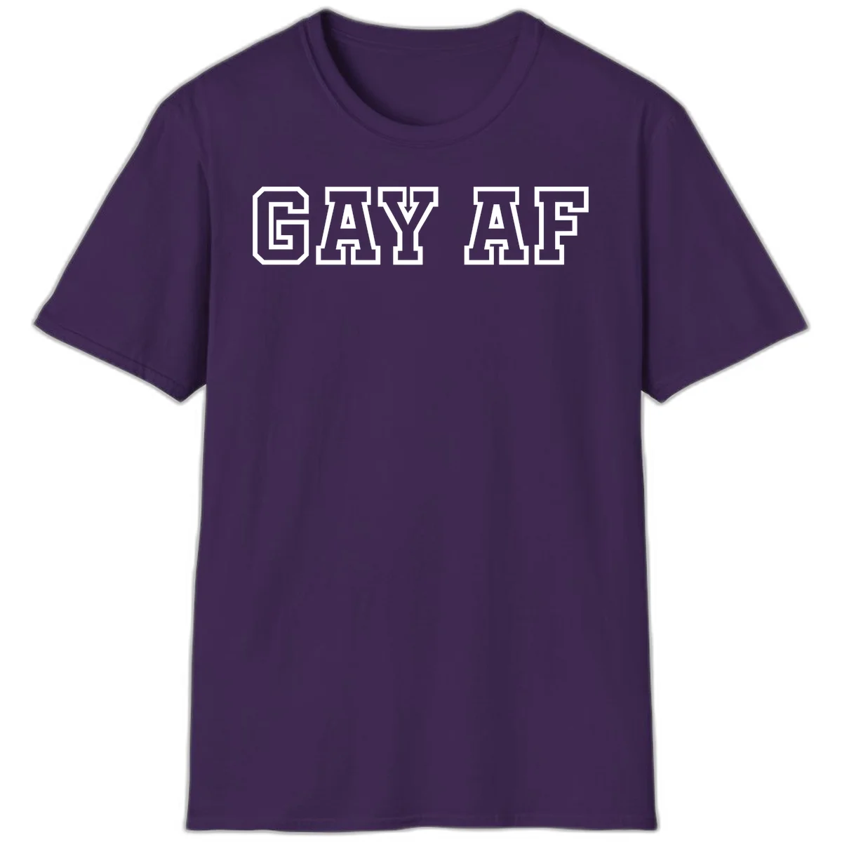 Bold white outlined block letters spelling 'GAY AF' in varsity athletic style on gray background in Purple