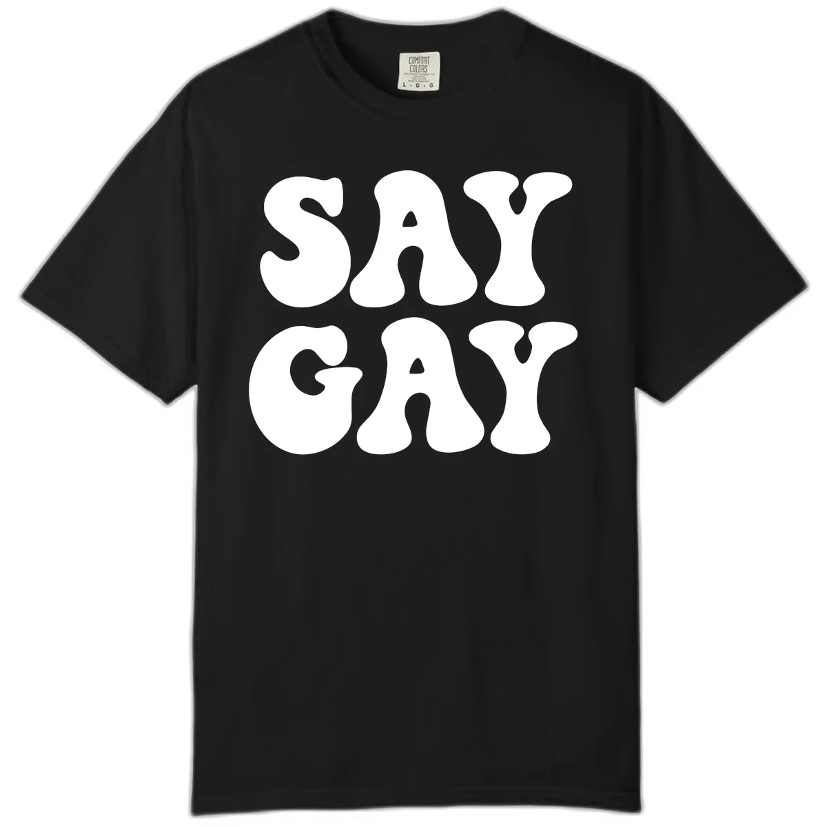Say Gay Pride design with bold white letters featuring organic rounded typography on gray background in Black