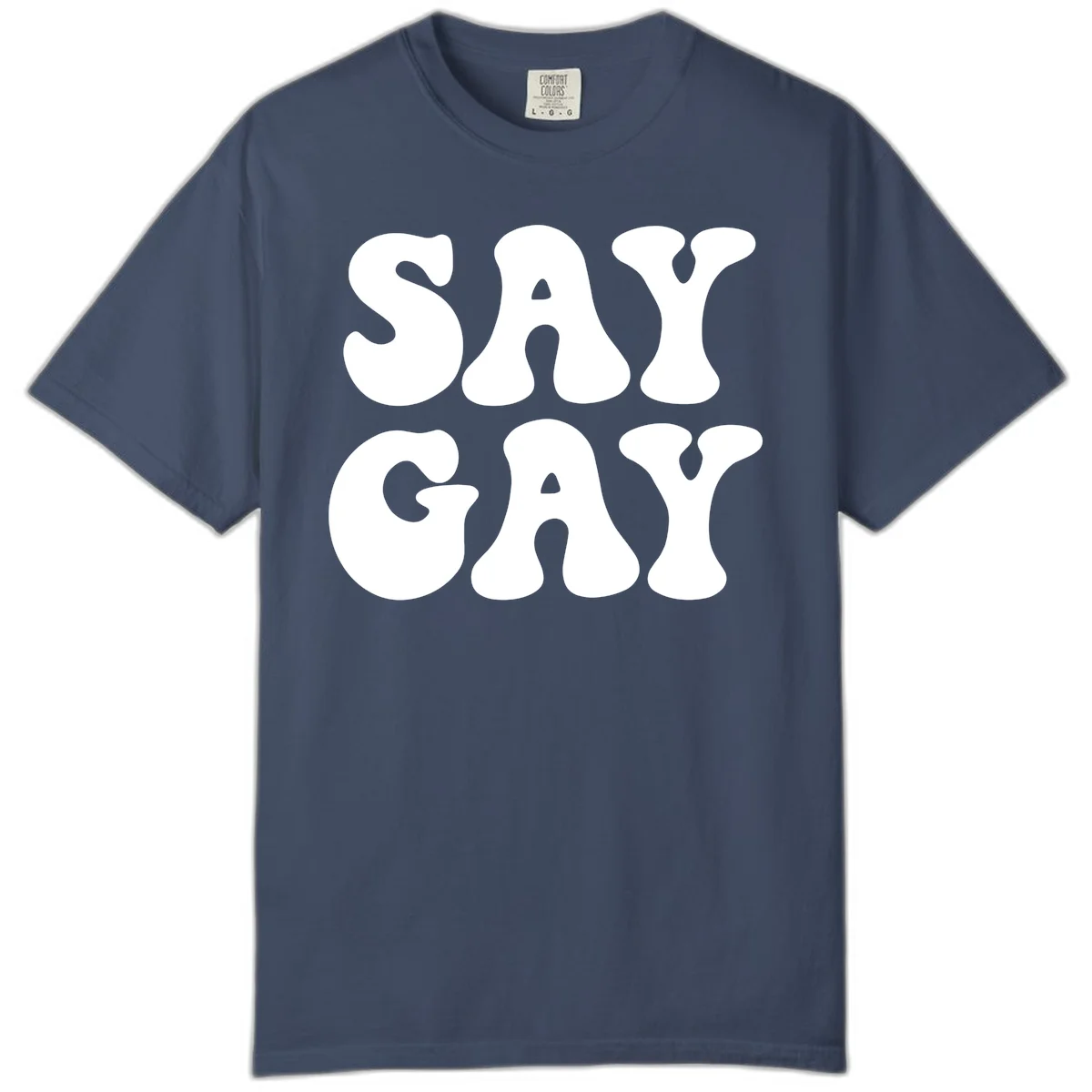 Say Gay Pride design with bold white letters featuring organic rounded typography on gray background in Midnight