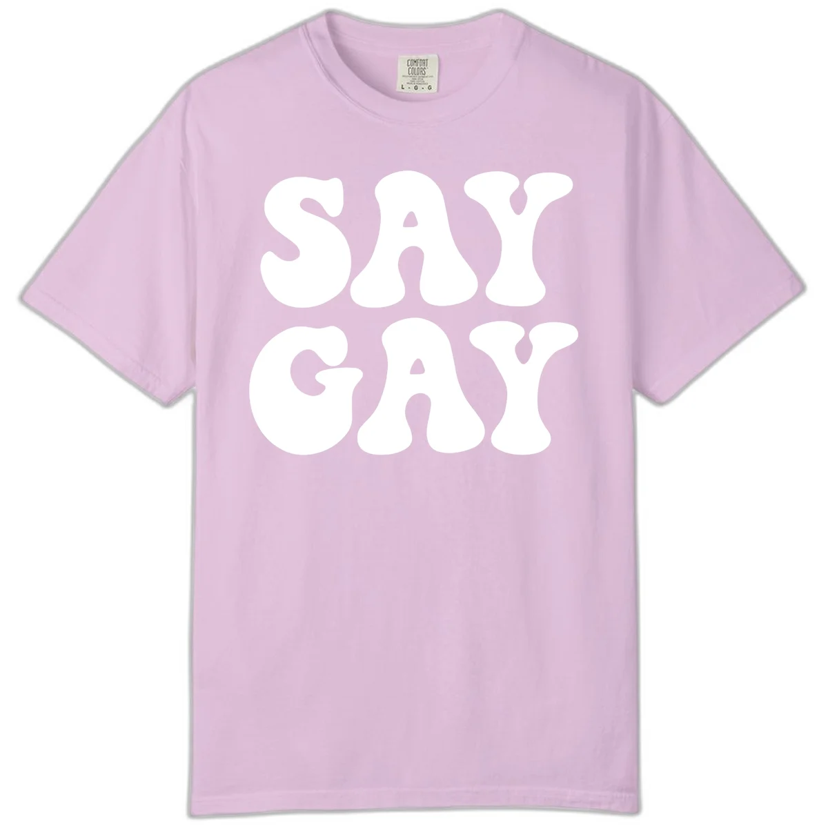 Say Gay Pride design with bold white letters featuring organic rounded typography on gray background in Orchid