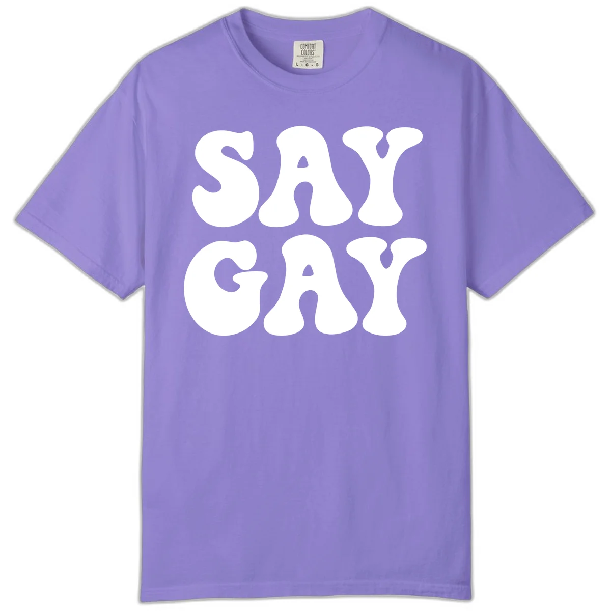 Say Gay Pride design with bold white letters featuring organic rounded typography on gray background in Violet