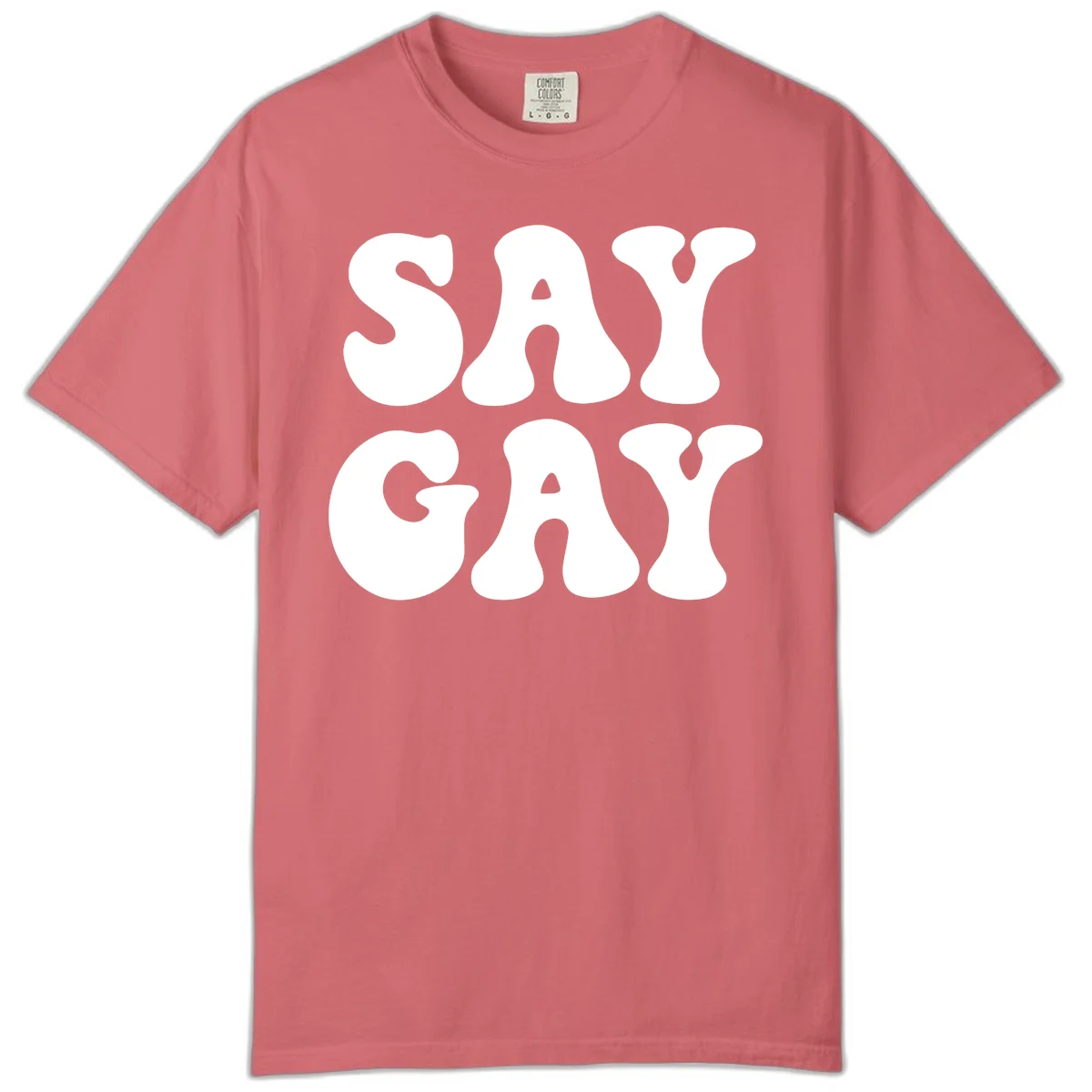 Say Gay Pride design with bold white letters featuring organic rounded typography on gray background in Watermelon