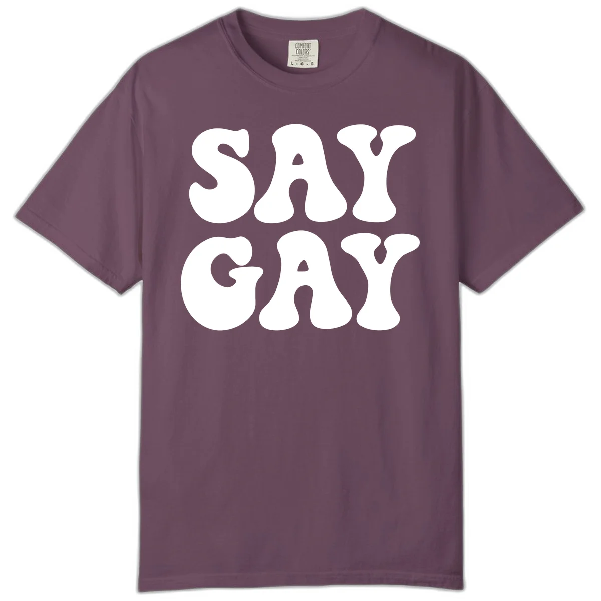 Say Gay Pride design with bold white letters featuring organic rounded typography on gray background in Berry