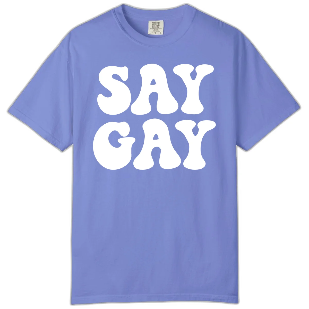 Say Gay Pride design with bold white letters featuring organic rounded typography on gray background in Flo Blue