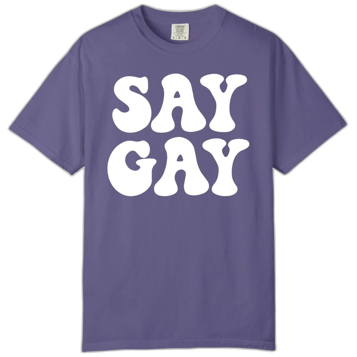 Say Gay Pride design with bold white letters featuring organic rounded typography on gray background in Grape