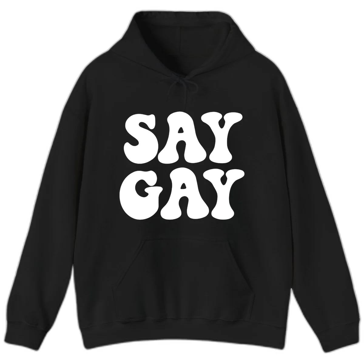 Say Gay Pride design with bold white letters featuring organic rounded typography on gray background in Black