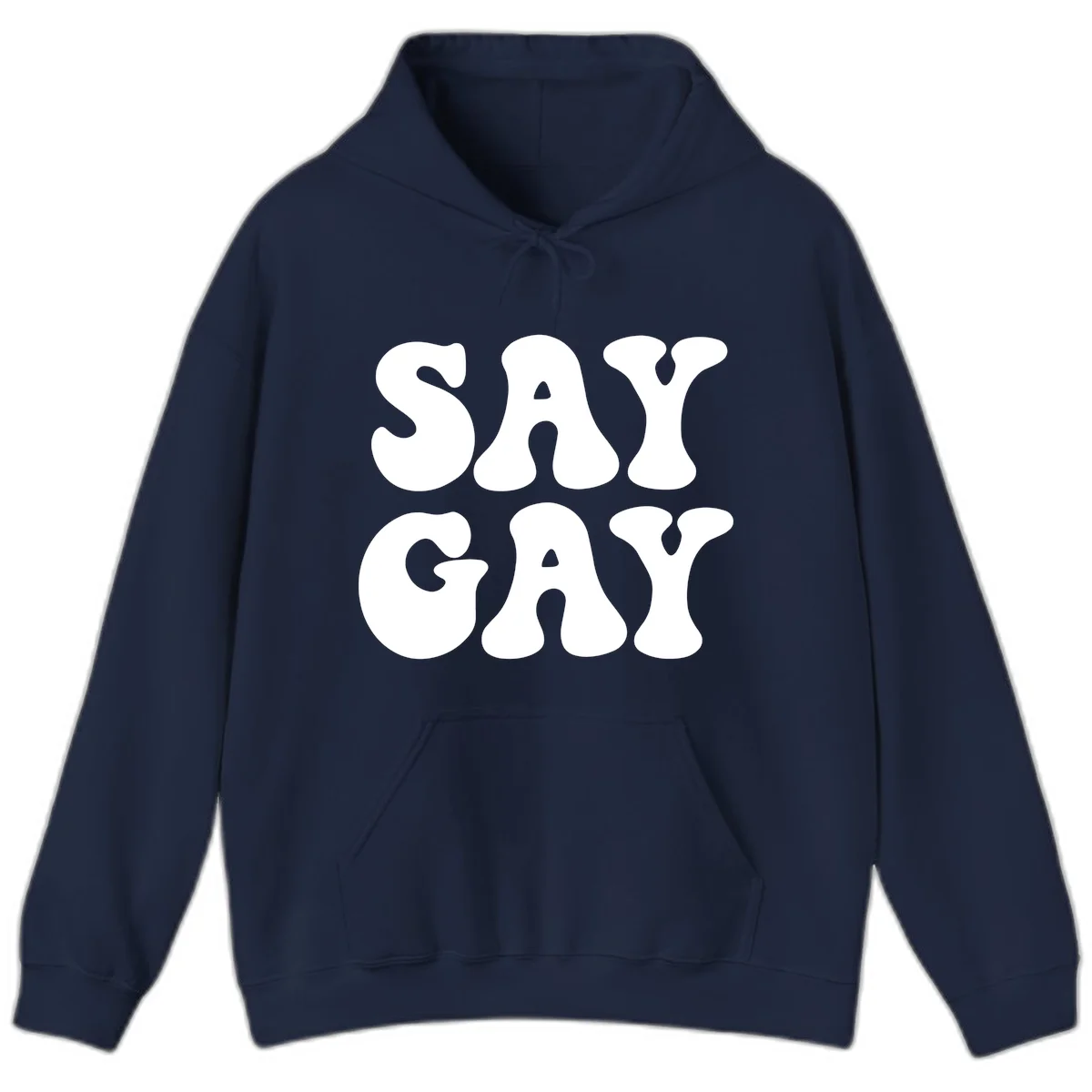 Say Gay Pride design with bold white letters featuring organic rounded typography on gray background in Navy