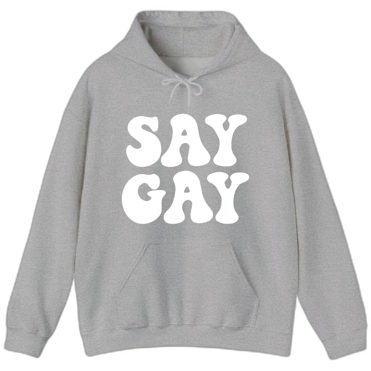 Say Gay Pride design with bold white letters featuring organic rounded typography on gray background in Sport Grey