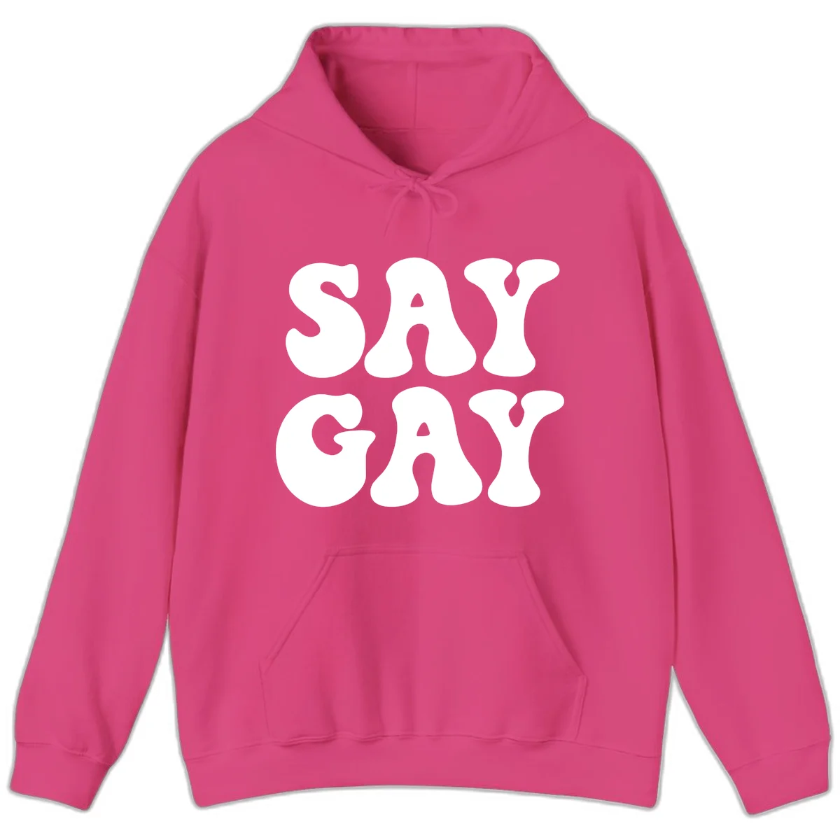 Say Gay Pride design with bold white letters featuring organic rounded typography on gray background in Heliconia