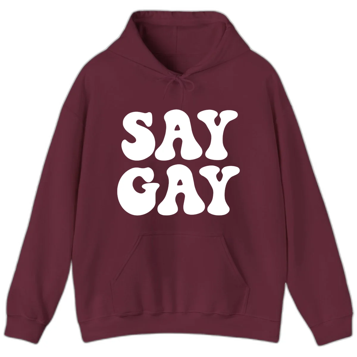 Say Gay Pride design with bold white letters featuring organic rounded typography on gray background in Maroon