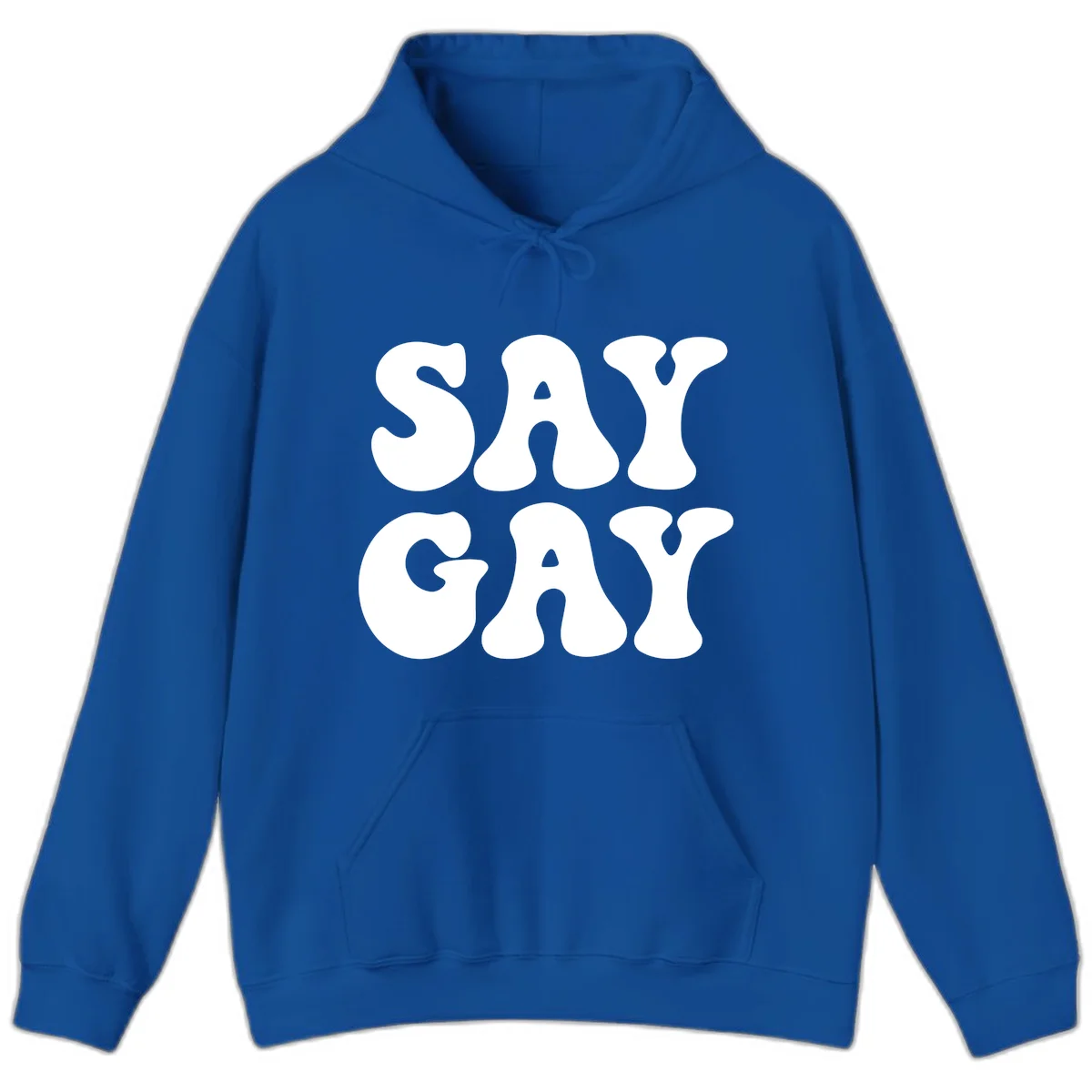Say Gay Pride design with bold white letters featuring organic rounded typography on gray background in Royal