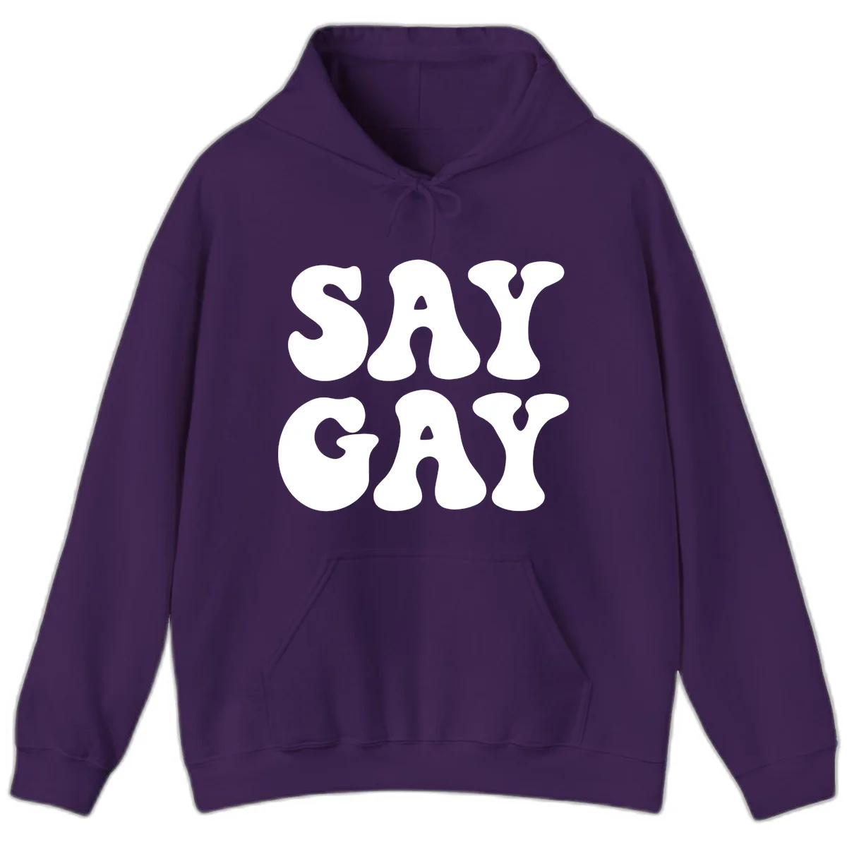Say Gay Pride design with bold white letters featuring organic rounded typography on gray background in Purple