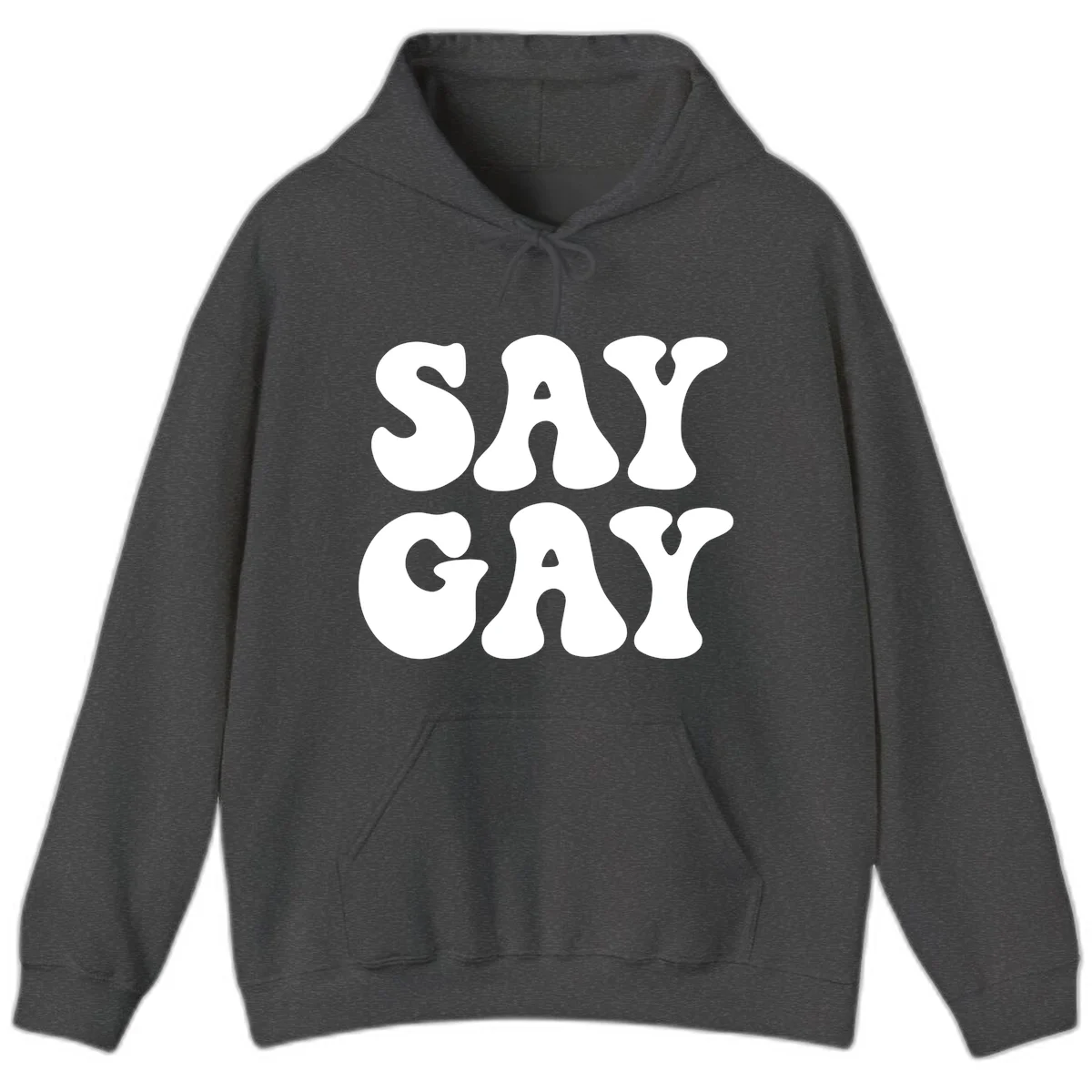Say Gay Pride design with bold white letters featuring organic rounded typography on gray background in Dark Heather