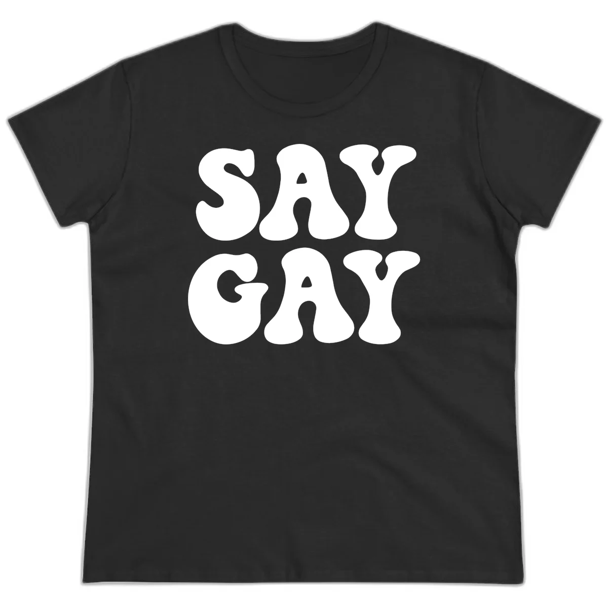 Say Gay Pride design with bold white letters featuring organic rounded typography on gray background in Black