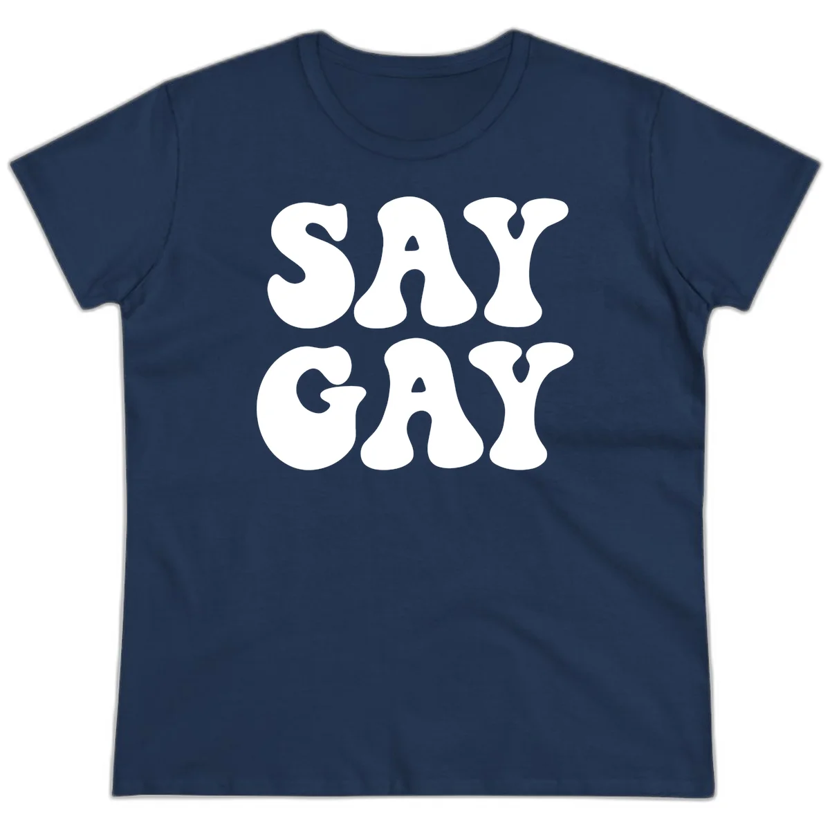 Say Gay Pride design with bold white letters featuring organic rounded typography on gray background in Navy