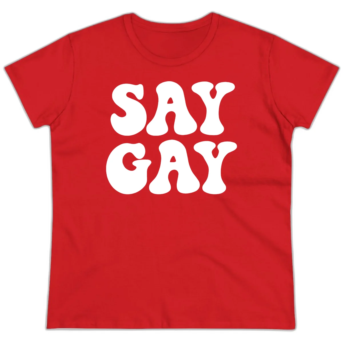 Say Gay Pride design with bold white letters featuring organic rounded typography on gray background in Red